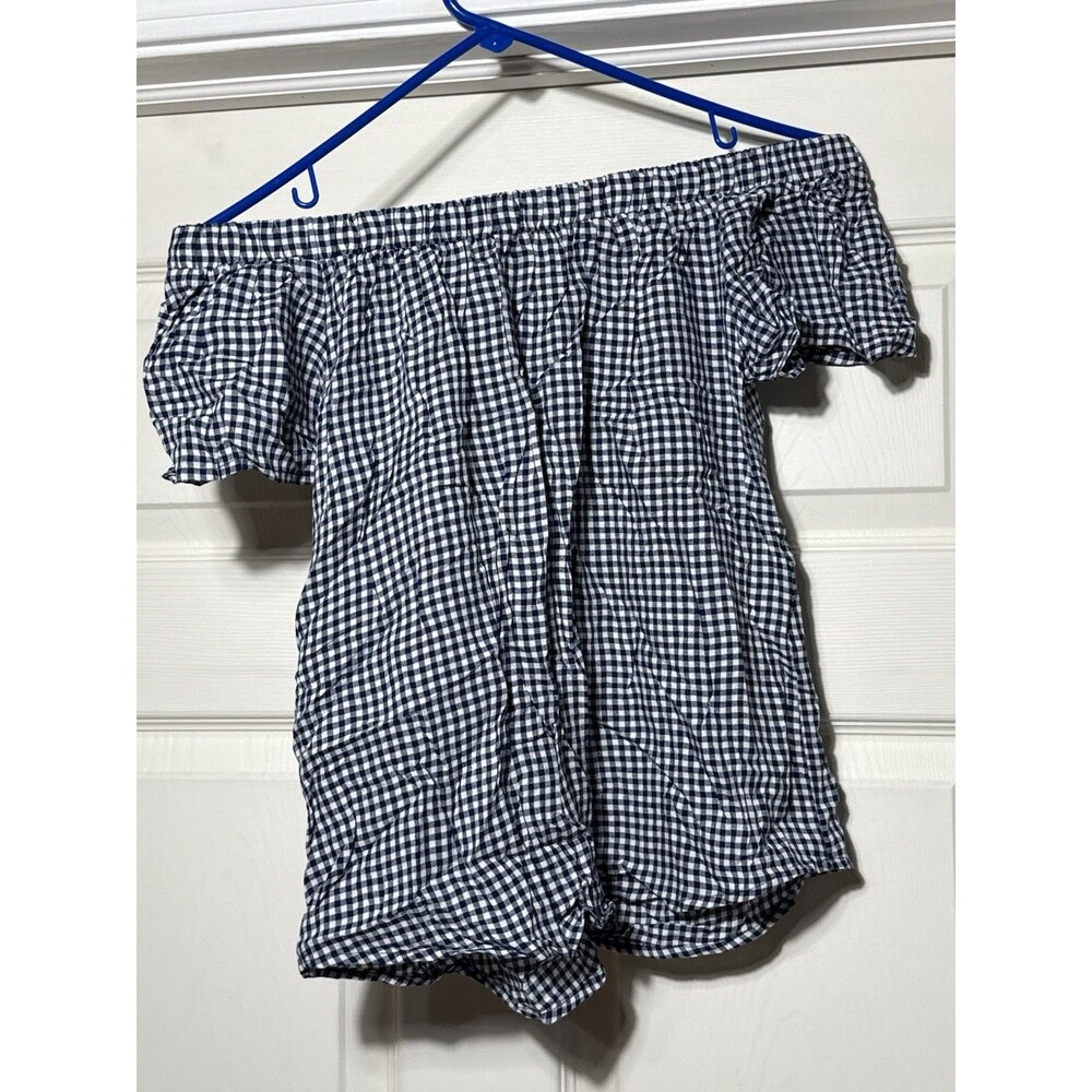 Mossimo Blue Gingham Plaid Off The Shoulder 100% Rayon Top Size XS. NWT - Picture 4 of 5
